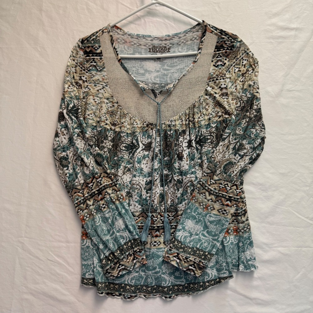 Nine West Vintage America Boho Mixed Print Tassel Tie Top Teal Brown Medium